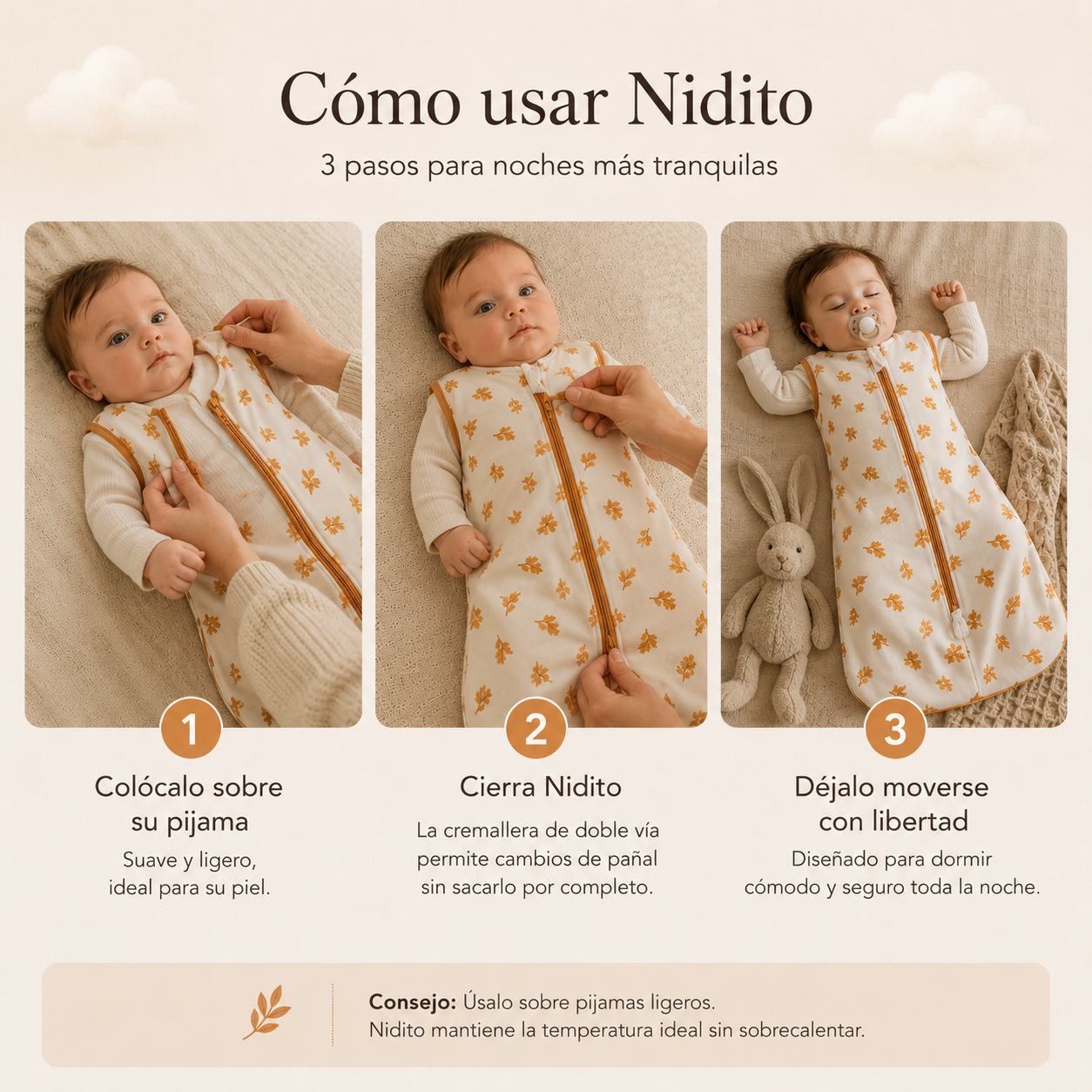 Nidito™ | Saco de Dormir para Bebé con Cremallera Doble
